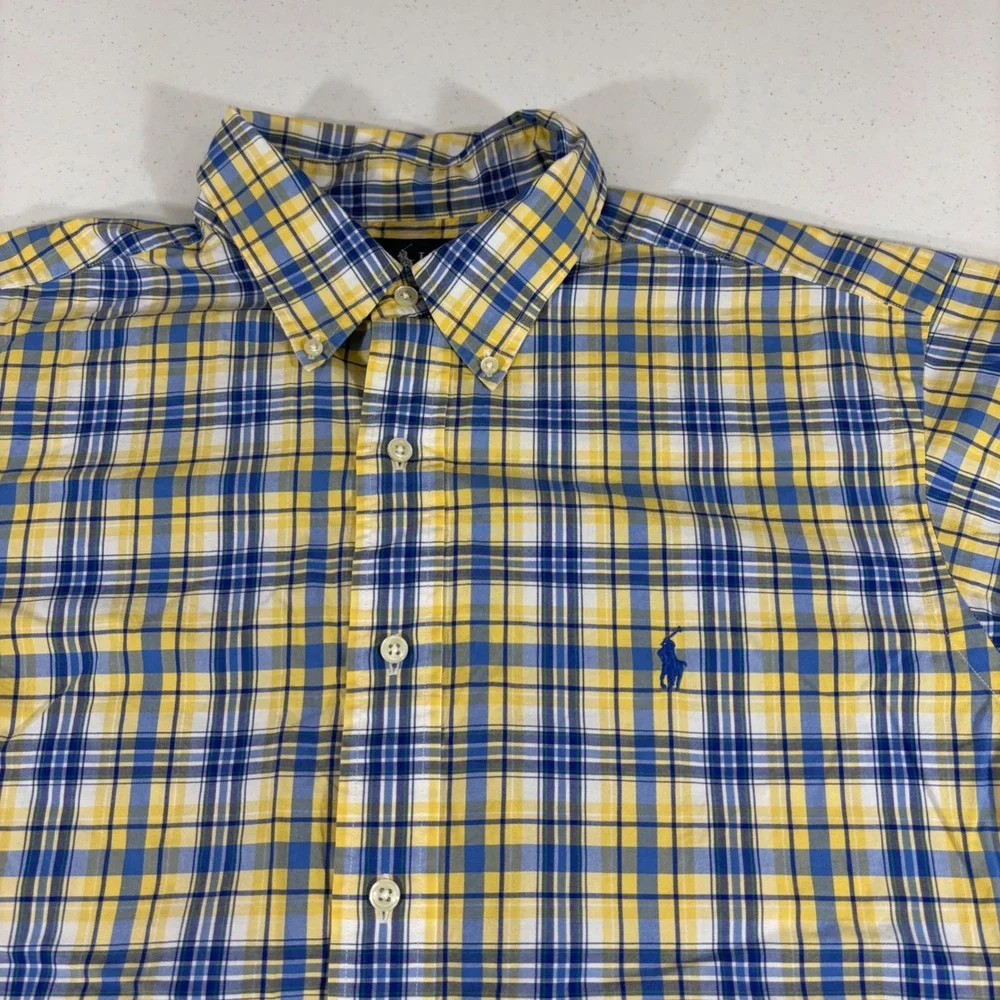 Ralph Lauren Mens Classic Fit Plaid Button Down Shirt Yellow Blue 16.5 34/35